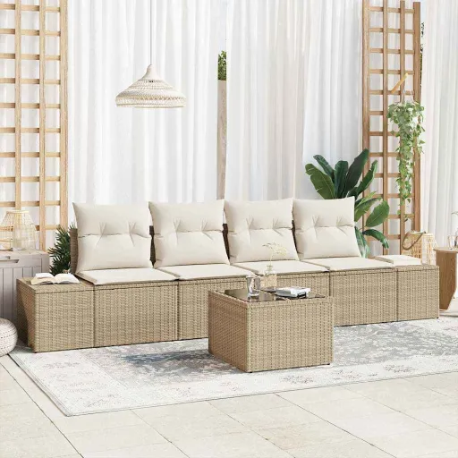 Conjunto de Sofá de Jardim   Bege e Creme Vime PE (5 pcs)