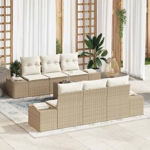 Conjunto de Sofá de Jardim   Bege e Creme Vime PE (8 pcs)