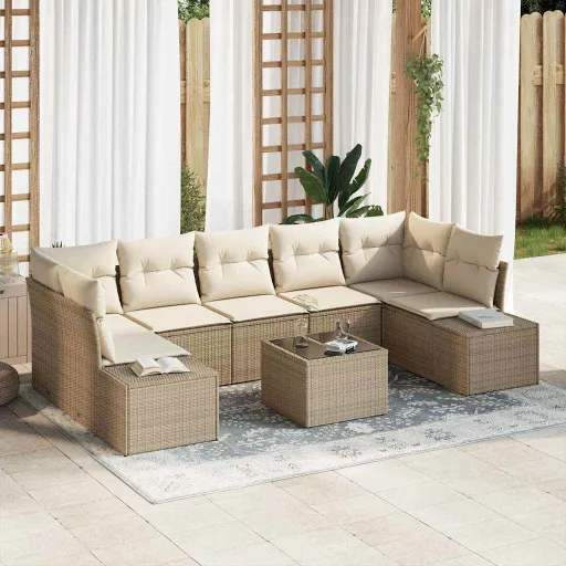 Conjunto de Sofá de Jardim   Bege e Creme Vime PE (8 pcs)