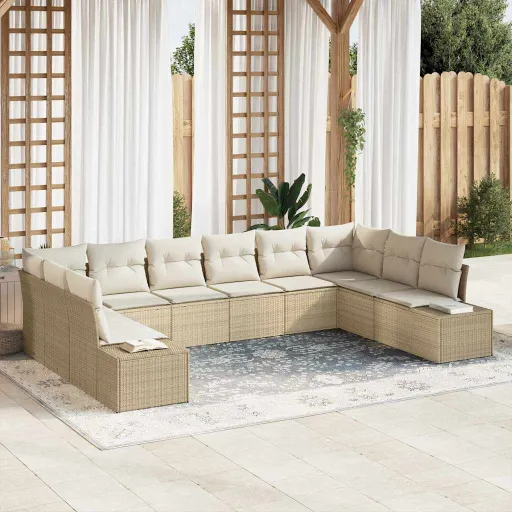 Conjunto de Sofá de Jardim   Bege e Creme Polirattan (10 pcs)