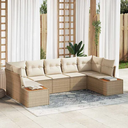 Conjunto de Sofá de Jardim   Bege e Creme Polirattan (7 pcs)