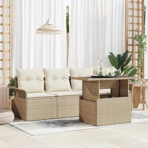 Conjunto de Sofá de Jardim   Bege Rattan de Polipropileno (5 pcs)