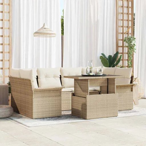 Conjunto de Sofá de Jardim   Bege Rattan de Polipropileno (7 pcs)