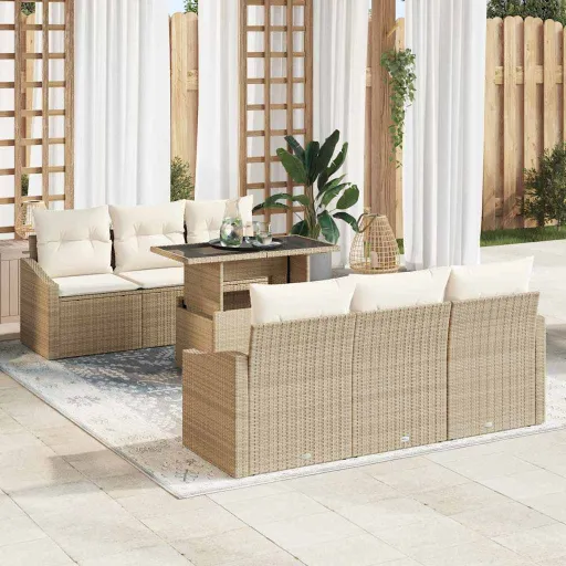 Conjunto de Sofá de Jardim   Bege Rattan Sintético (7 pcs)