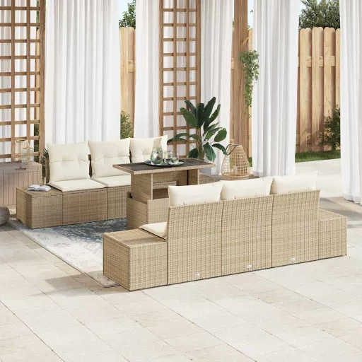 Conjunto de Sofá de Jardim com Almofada   Bege e Creme (7 pcs)