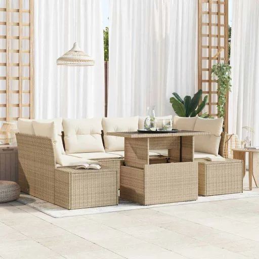 Conjunto de Sofá de Jardim com Almofada   Bege e Creme (7 pcs)