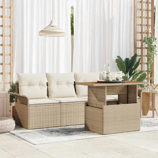 Conjunto de Sofá de Jardim   Bege Rattan Sintético (5 pcs)