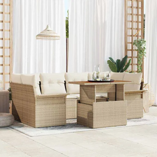 Conjunto de Sofá de Jardim   Bege Rattan Sintético (7 pcs)