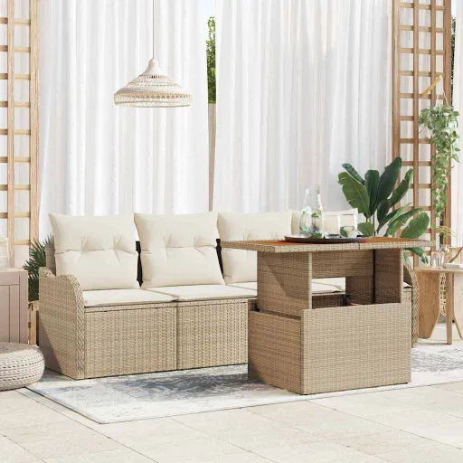Conjunto de Sofá de Jardim com Armazenamento   Bege Vime PE (5 pcs)