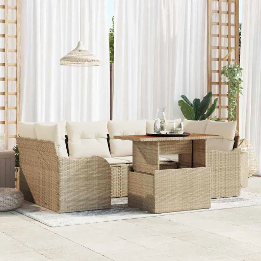Conjunto de Sofá de Jardim   Bege Rattan Sintético (7 pcs)