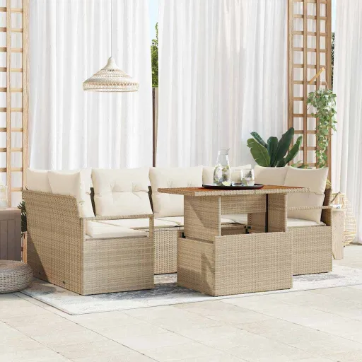 Conjunto de Sofá de Jardim   Bege Rattan Sintético (7 pcs)