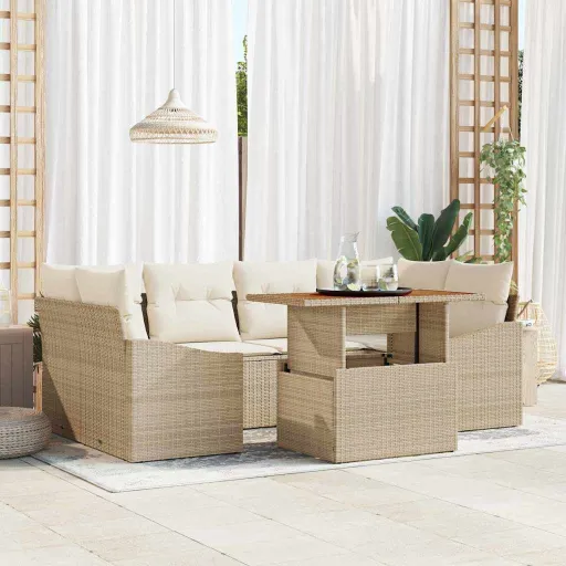 Conjunto de Sofá de Jardim   Bege Rattan Sintético (7 pcs)