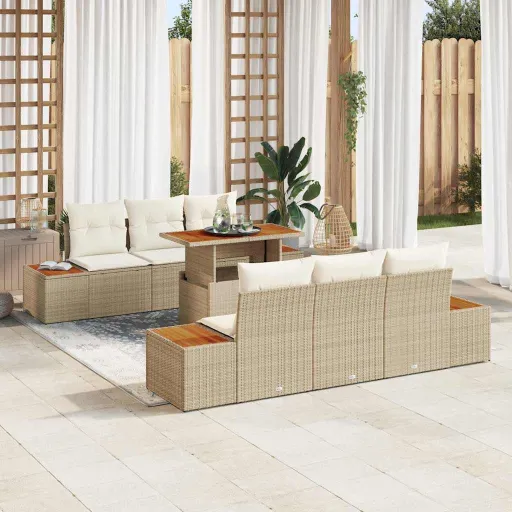 Conjunto de Sofá de Jardim   Bege Rattan Sintético (7 pcs)