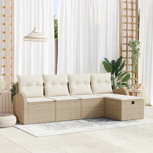 Conjunto de Sofá de Jardim   Bege Rattan Sintético (5 pcs)