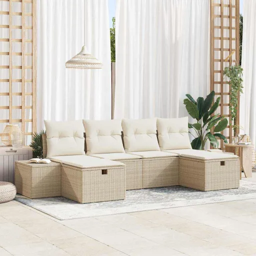 Conjunto de Sofá de Jardim com Almofada   Bege Vime PE (6 pcs)