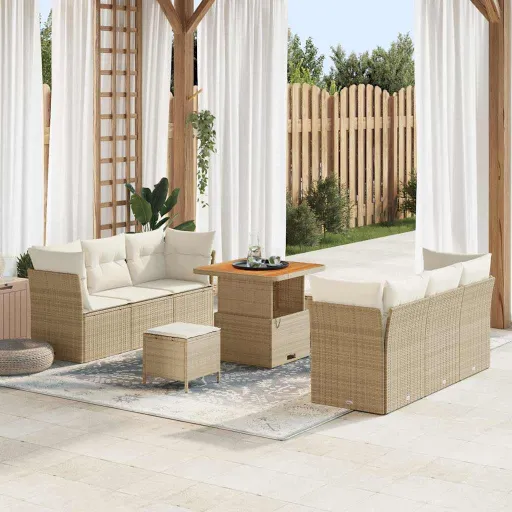 Conjunto de Sofá de Jardim   Bege e Creme Vime PE (9 pcs)