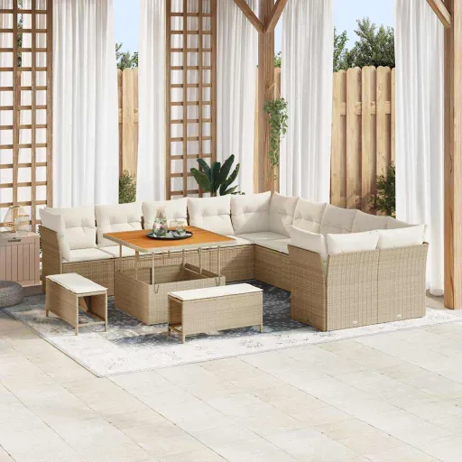 Conjunto de Sofá de Jardim   Bege e Creme Vime PE (13 pcs)