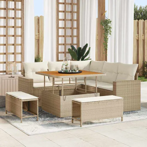 Conjunto de Sofá de Jardim   Bege e Creme Vime PE (9 pcs)