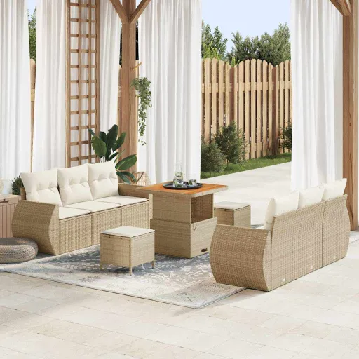 Conjunto de Sofá de Jardim   Bege e Creme Vime PE (9 pcs)