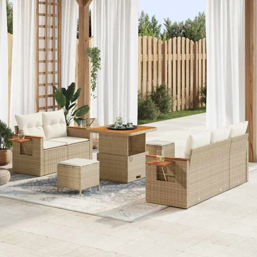 Conjunto de Sofá de Jardim   Bege e Creme Vime PE (10 pcs)