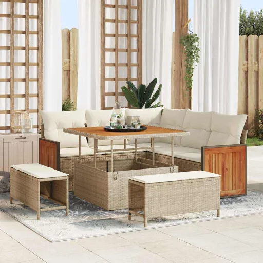 Conjunto de Sofá de Jardim   Bege e Creme Vime PE (9 pcs)