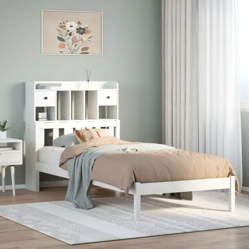 Cama com Estante Sem Colchão 90x200 cm Pinho Maciço Branco