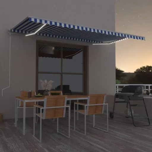 Toldo Autom. com LED e Sensor de Vento 500x350 cm Azul/Branco