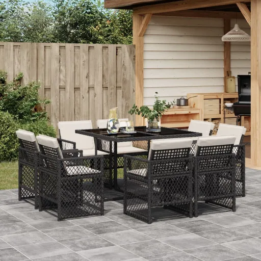 Conjunto de Jantar p/ Jardim c/ Almofadões Vime PE Preto (9 pcs)
