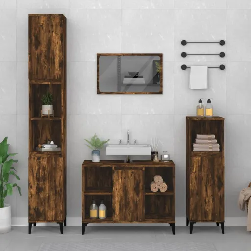 Conjunto de Móveis WC Madeira Processada Carvalho Fumado (3 pcs)