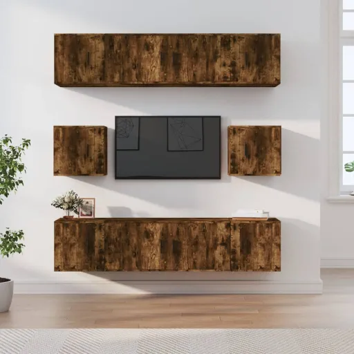 Conjunto Móveis de TV   Madeira Processada Carvalho Fumado (8 pcs)