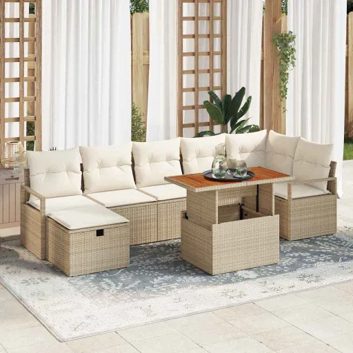 Conjunto de Sofá de Jardim   Bege Vime PE (8 pcs)