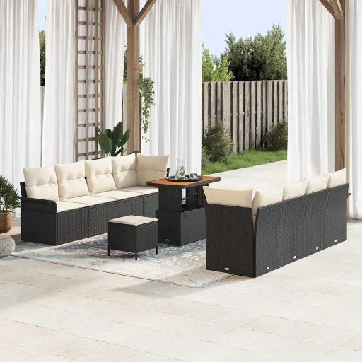Conjunto de Sofá de Jardim com Almofada   Preto Vime PE (11 pcs)