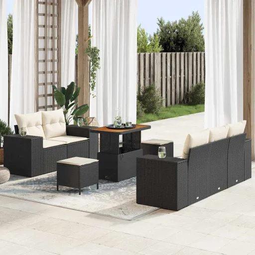 Conjunto de Sofá de Jardim com Almofada   Preto e Creme (8 pcs)