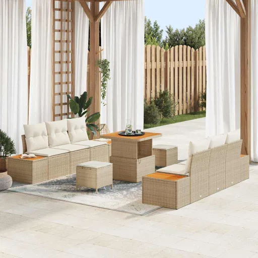 Conjunto de Sofá de Jardim   Bege Rattan Sintético (9 pcs)