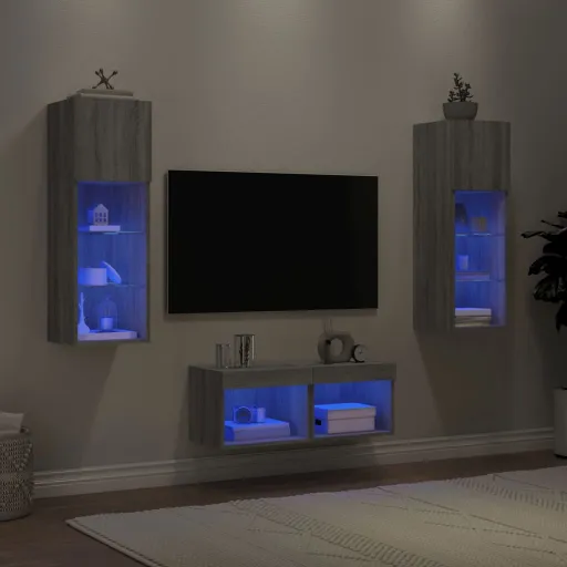 Móveis de Parede para TV com Luzes LED Cinzento Sonoma (4 pcs)