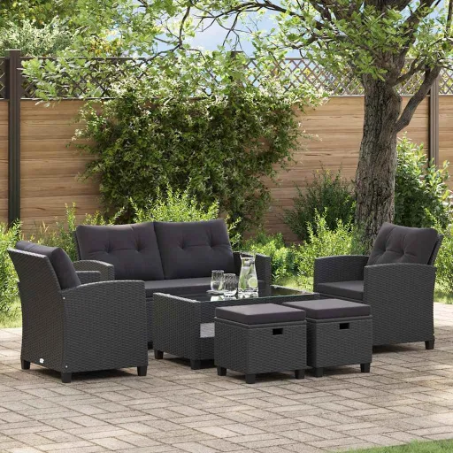 Conjunto Sofás de Jardim c/ Almofadões Vime PE Preto (6 pcs)
