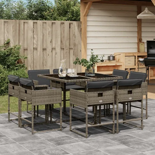 Conjunto de Jantar p/ Jardim c/ Almofadões Vime PE Cinza (9 pcs)