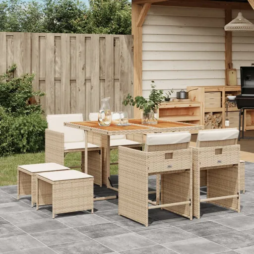 Conjunto de Jantar p/ Jardim com Almofadões Vime PE Bege (9 pcs)