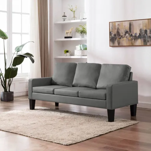 Sofá de 3 Lugares Couro Artificial Cinzento
