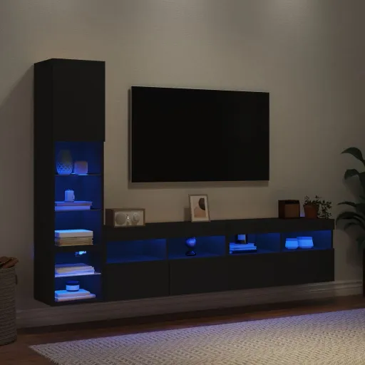 Móveis de Parede p/ TV c/ LEDs Derivados de Madeira Preto (4 pcs)