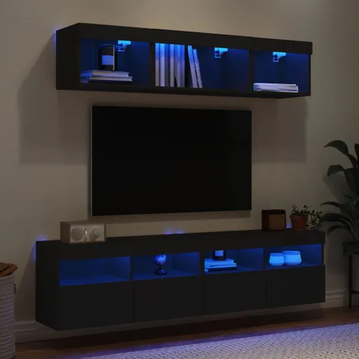 Móveis de Parede p/ TV c/ LEDs Derivados de Madeira Preto (5 pcs)