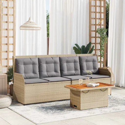 Conjunto Lounge de Jardim com Almofadões Vime PE Bege (3 pcs)
