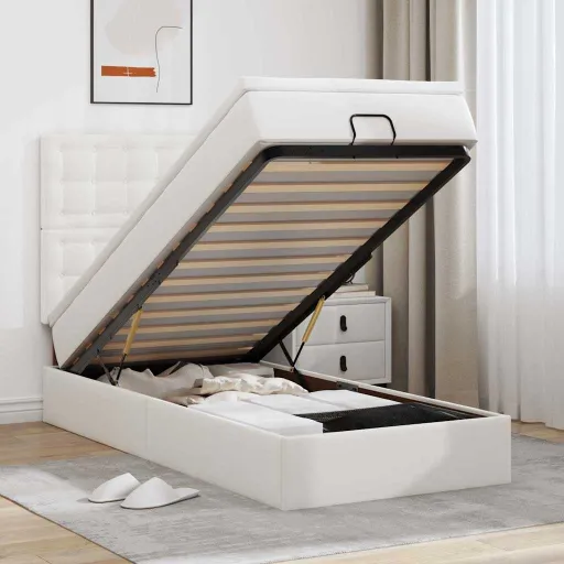 Moldura de Cama SíriaXL Otomana com Colchão Branco Couro Falso