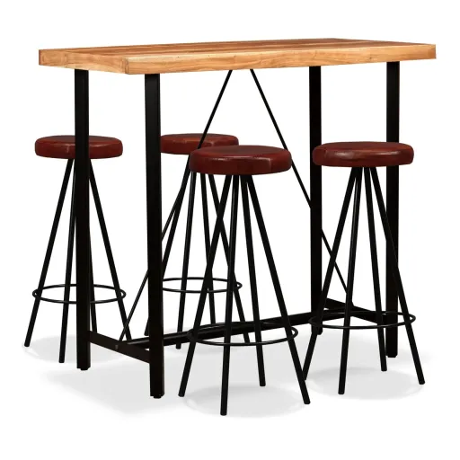 Conjunto de Bar   Madeira Acácia Maciça e Couro Genuíno (5 pcs)