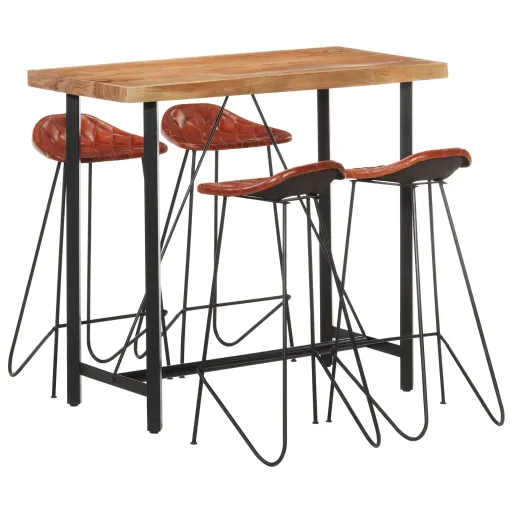 Conjunto de Bar Madeira Maciça e Couro Genuíno (5 pcs)