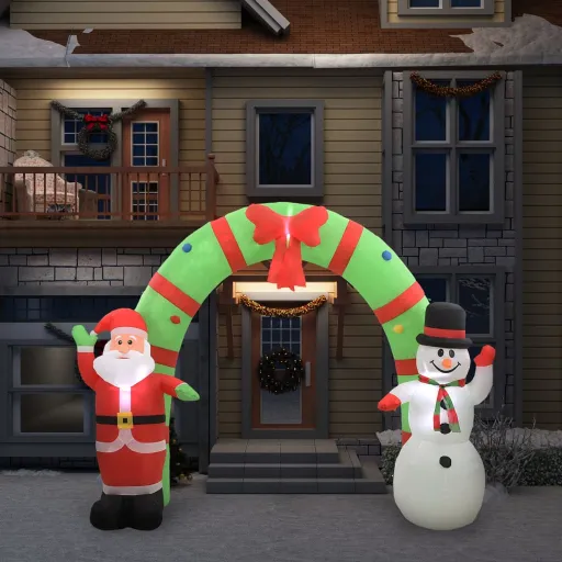 Arco Insuflável Natalício Pai Natal e Boneco de Neve LED 223 cm
