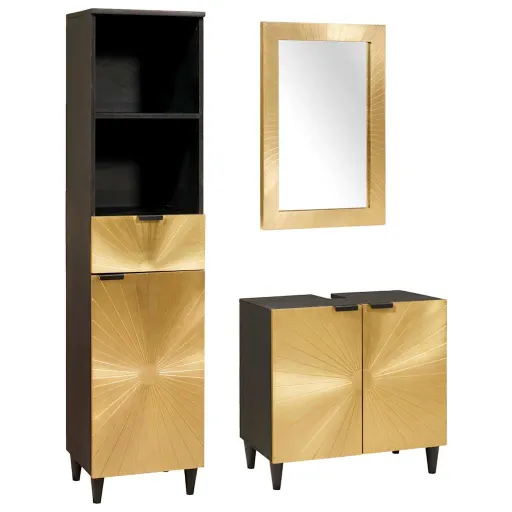 Conjunto de Armários para Banheiro com Porta   Preto e Ouro (3 pcs)