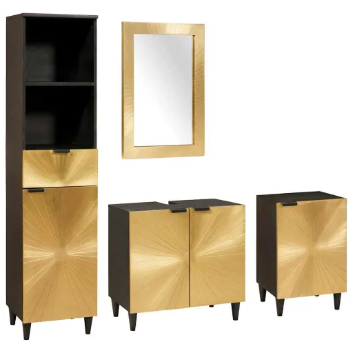 Conjunto de Armários para Banheiro com Porta   Preto e Ouro (4 pcs)