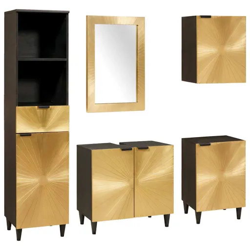 Conjunto de Armários para Banheiro com Porta   Preto e Ouro (5 pcs)