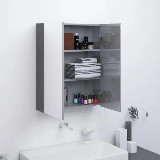 Armário Espelhado p/ Casa Banho 60x15x75 cm MDF Cinza Brilhante